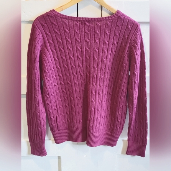 St. John's Bay Women's Raspberry Purple V-Neck Cable Knit Sweater | Petite Large - Picture 2 of 5